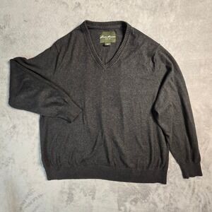 Eddie Bauer V-Neck Sweater Mens XXL Charcoal Grey Cotton Cashmere Classic Preppy